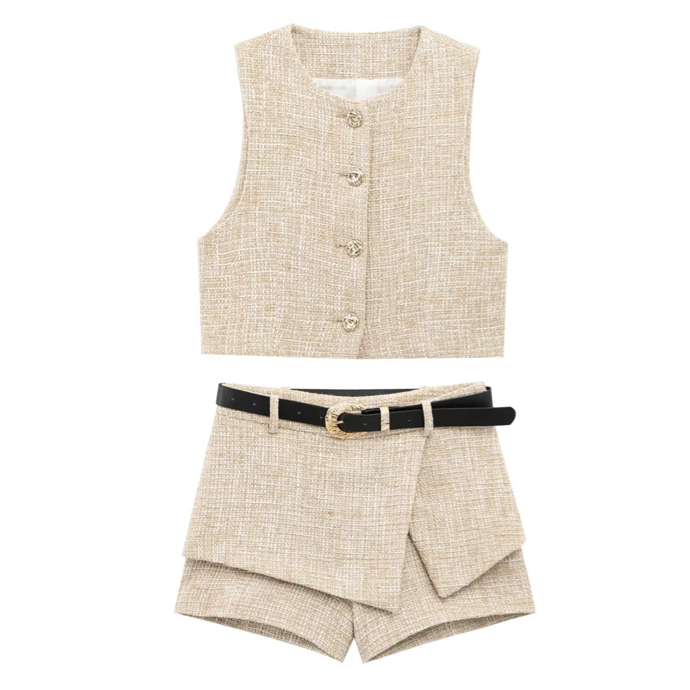 

UNIZERA women's textured short vest with belt and textured skirt pants set for spring and summer new casual women's clothing