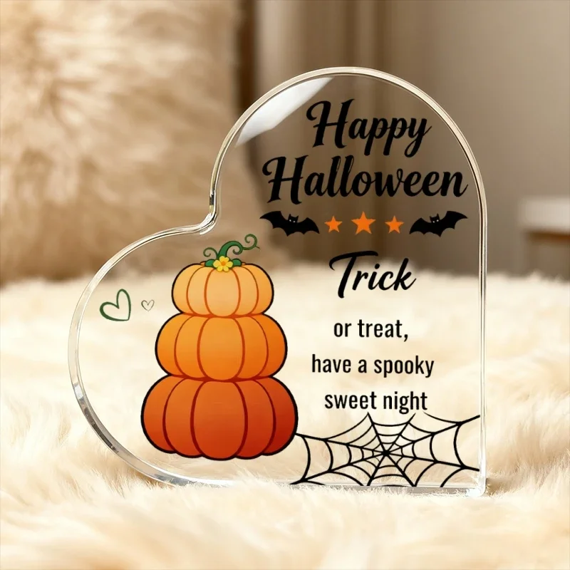 Happy Halloween Heart‑Shaped Acrylic Plaque, Stacked Pumpkin Desktop Decor