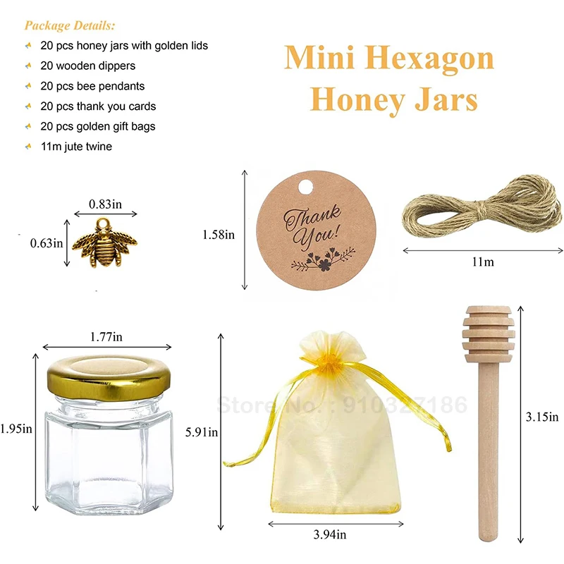 10/20Pcs Mini Honey Jars - Little Glass Honey Jar - Hexagonal Glass Honey Jars with Wooden Dippers, Bee Charms, Jutes and Gift