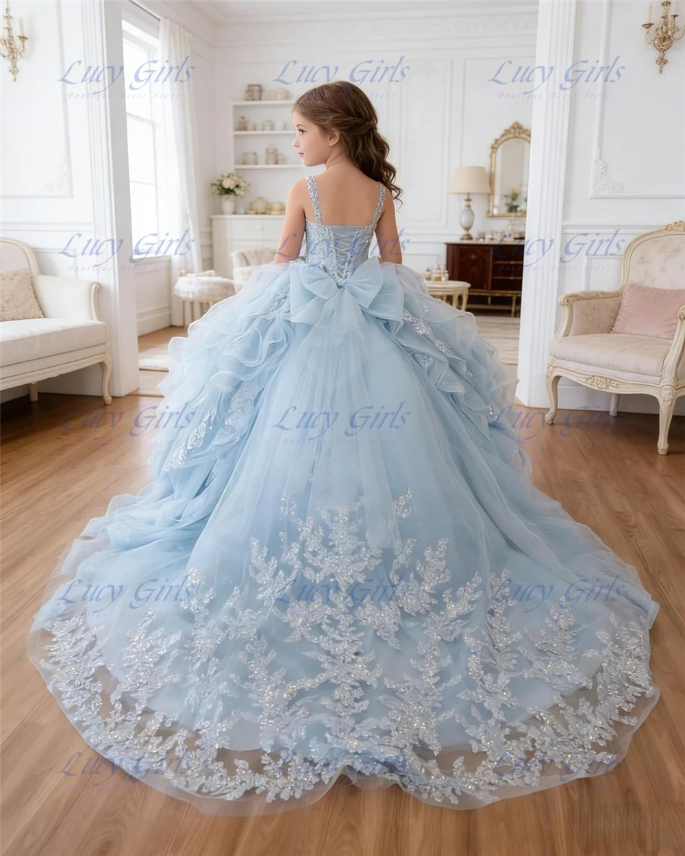 Luxury Flower Girl Dress Lace Applique with Ruffles Sequin Girls Pageant Dresses Layered Ball Gown Dress for Girls with Bow image 3