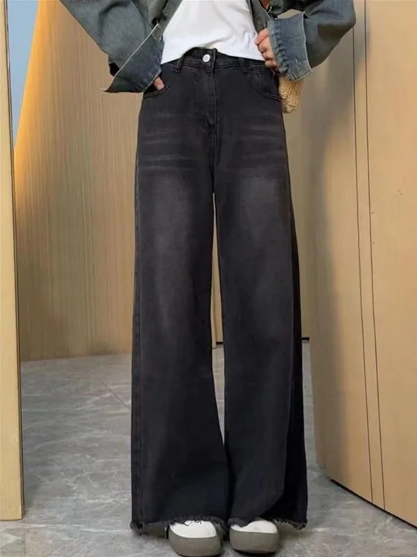 High Waist Wide Leg Black Denim Jeans Women Loose Fitting Slimming Drapey Frayed Straight Floor-Length Pants Punk Vintage