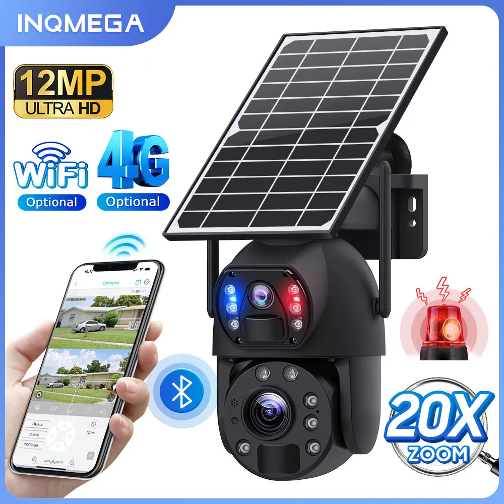 

INQMEGA 4K 12MP Solar Powered Camera 20X Zoom Outdoor SIM Card Cam PIR Dection with Dual Screen Color Night Vision WIFI Cam