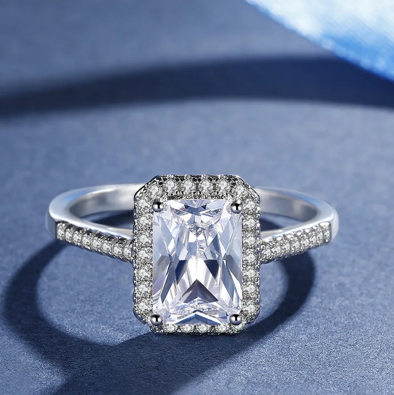 Elegant rectangular zircon ring crafted from white copper with white gold finish ideal for parties and special moments available
