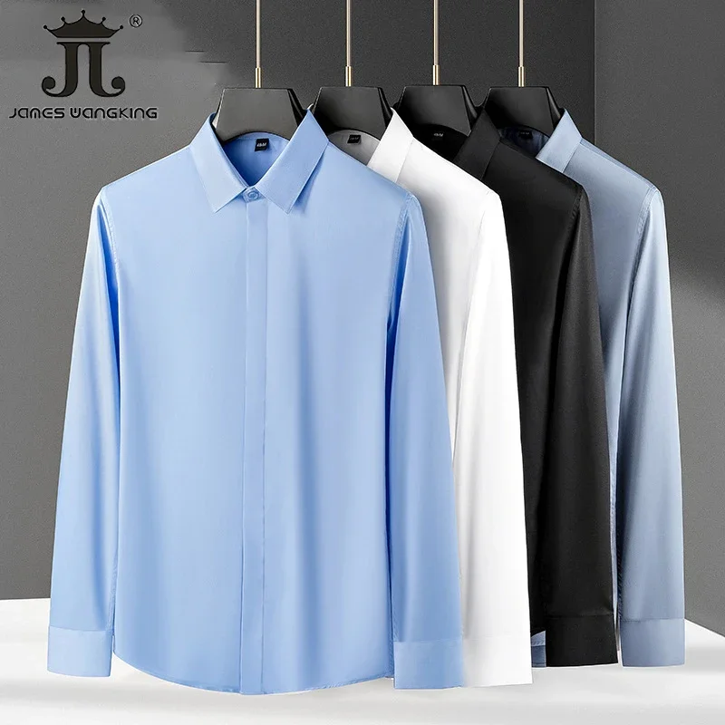 S-5XL Luxury Boutique Men's Casual Fashion Solid Color Business Long Sleeve Shirts Easy-care Formal Professional Shirt for Male