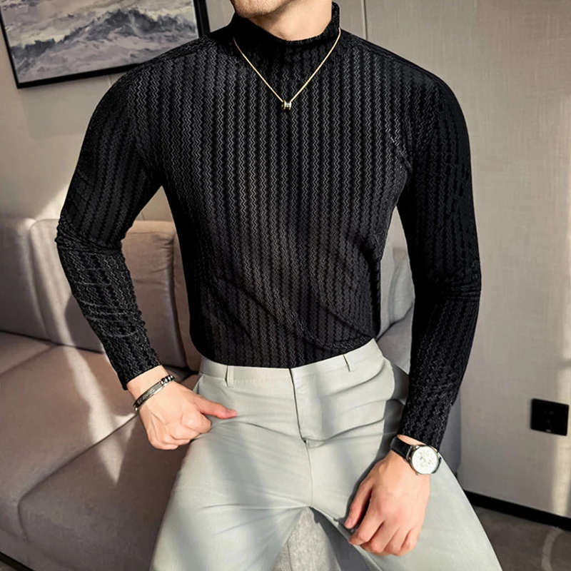 

Модные велюровые мужские футболки с длинными рукавами в полоску, осень-зима, тонкая эластичная мужская футболка, клубная корейская футболка с воротником-стойкой