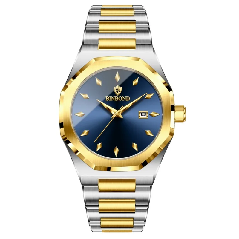 BINBOND Authentic Light‑Luxury Men Women Wristwatch Octagonal White‑Moon Style Steel Band Calendar Fashion Quartz Wrist Watch