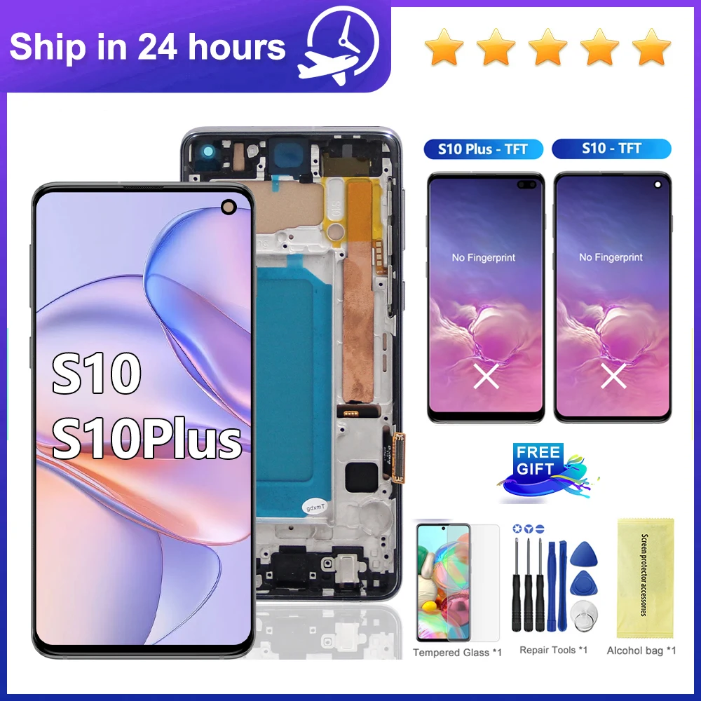 TFT-Qualität mit Rahmen für Samsung S10 G973F LCD-Display Digitaler Touchscreen für Samsung S10 Plus S10+ G975F Bildschirmersatz