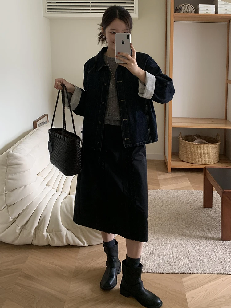 Women Spring Autumn Cropped Denim Jacket Casual Versatile Fashion Short Coat Petite Size Stretchy Slimming Tops Outerwear