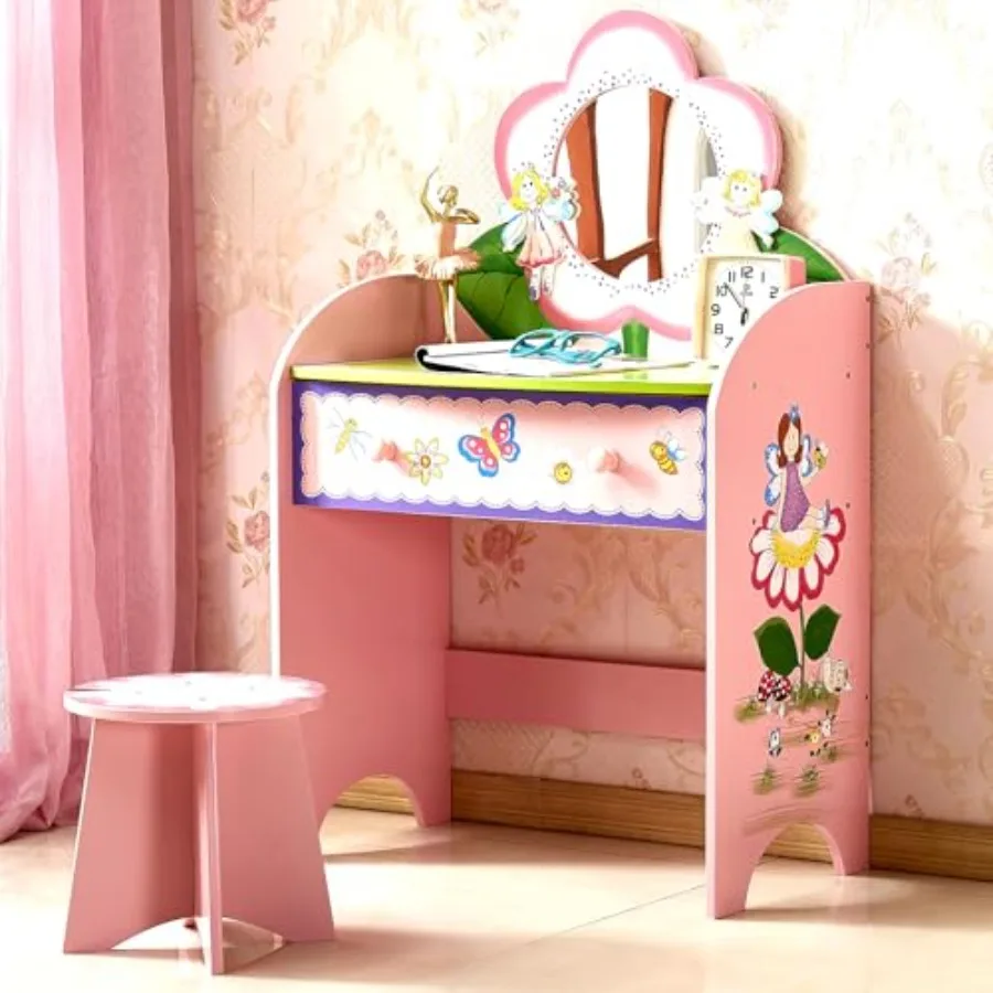 

Vanity Set with Mirror and Stool, Beauty Makeup Vanity Table with Large Drawer and Chair Set for Toddlers and,Wooden Girls Make