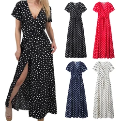 Women's Split Hem Polka Dot Maxi Dress Bohemian Long Dress Belted Sexy Fashion Short Sleeve V-Neck Sundress Summer New 2024