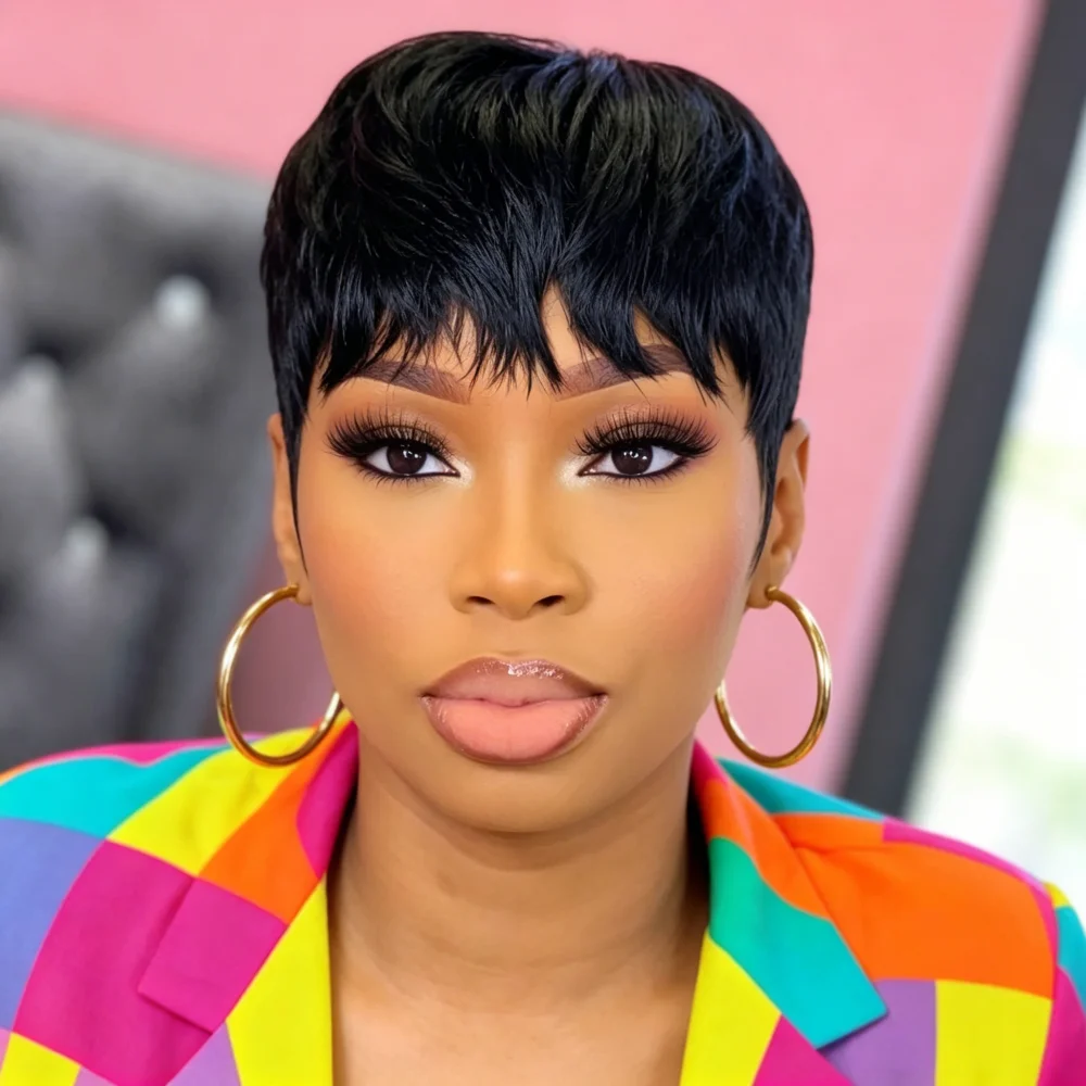 Short Straight Pixie Cut Human Hair Wig with Bangs