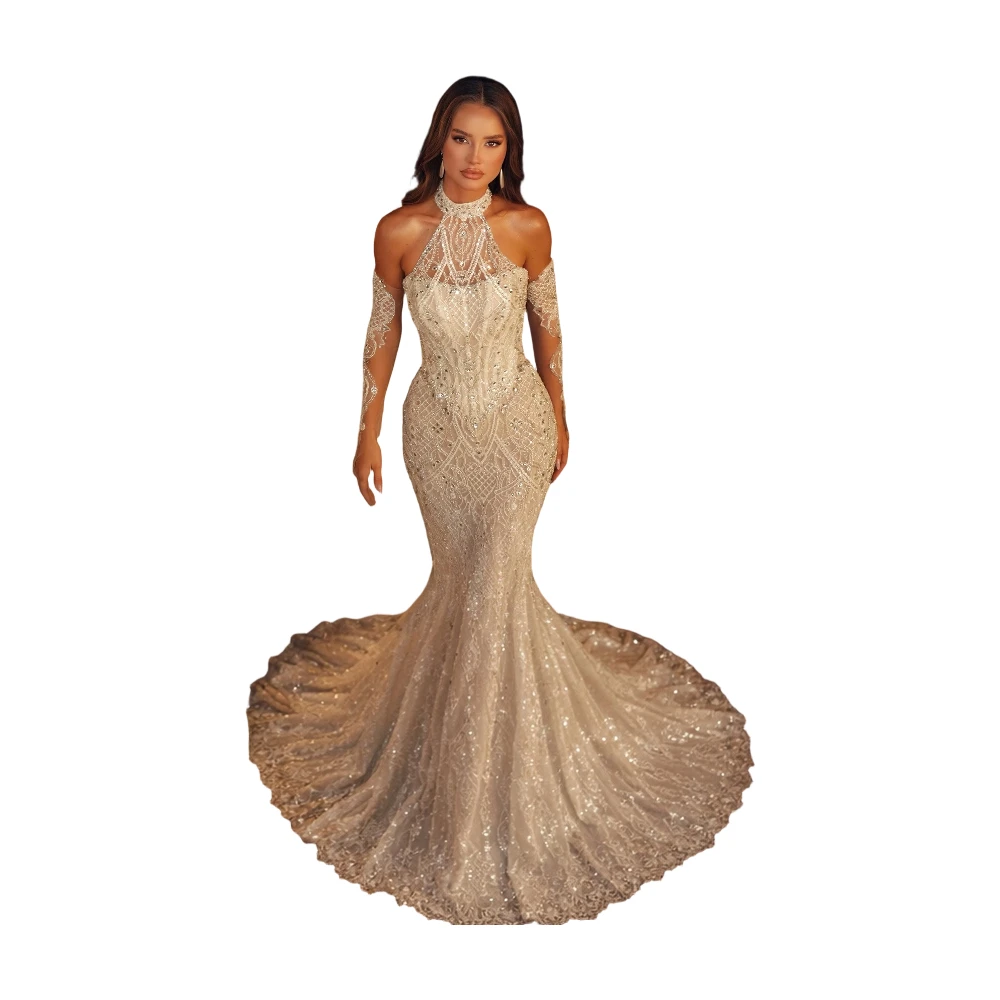 Fashion Mermaid Wedding Dresses Designer Halter Neck Appliques Beads Lace Sweep Train Bridal Gown Customized Robe De Mariée