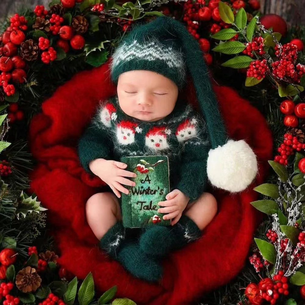 

Зеленый рождественский вязаный наряд для новорожденных, свитер Санта-Клауса, комплект шляп, реквизит для детской фотографии, аксессуары для праздничной студии, бутик-костюм