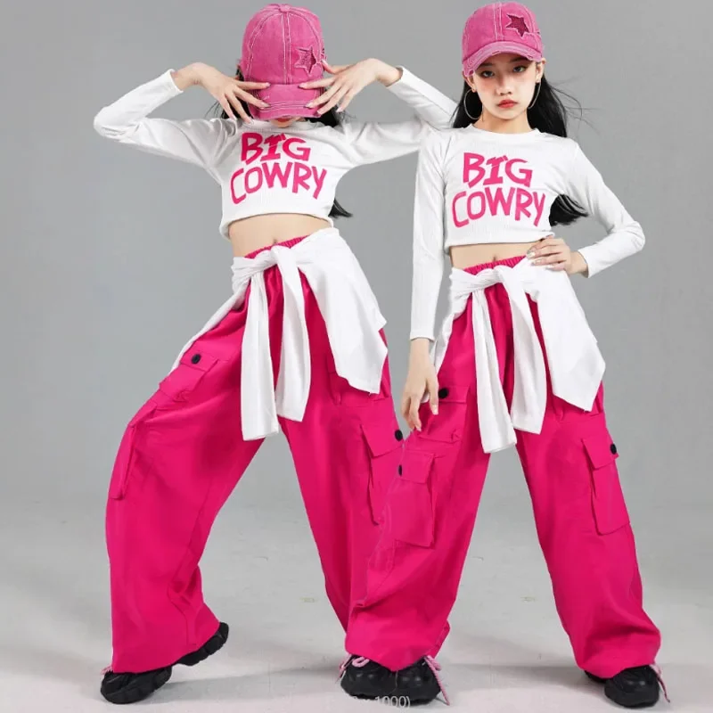 Hip hop meninas colheita topo dança de rua doce cor calças de carga crianças k-pop streetwear crianças trajes jazz menina grupo roupas conjunto