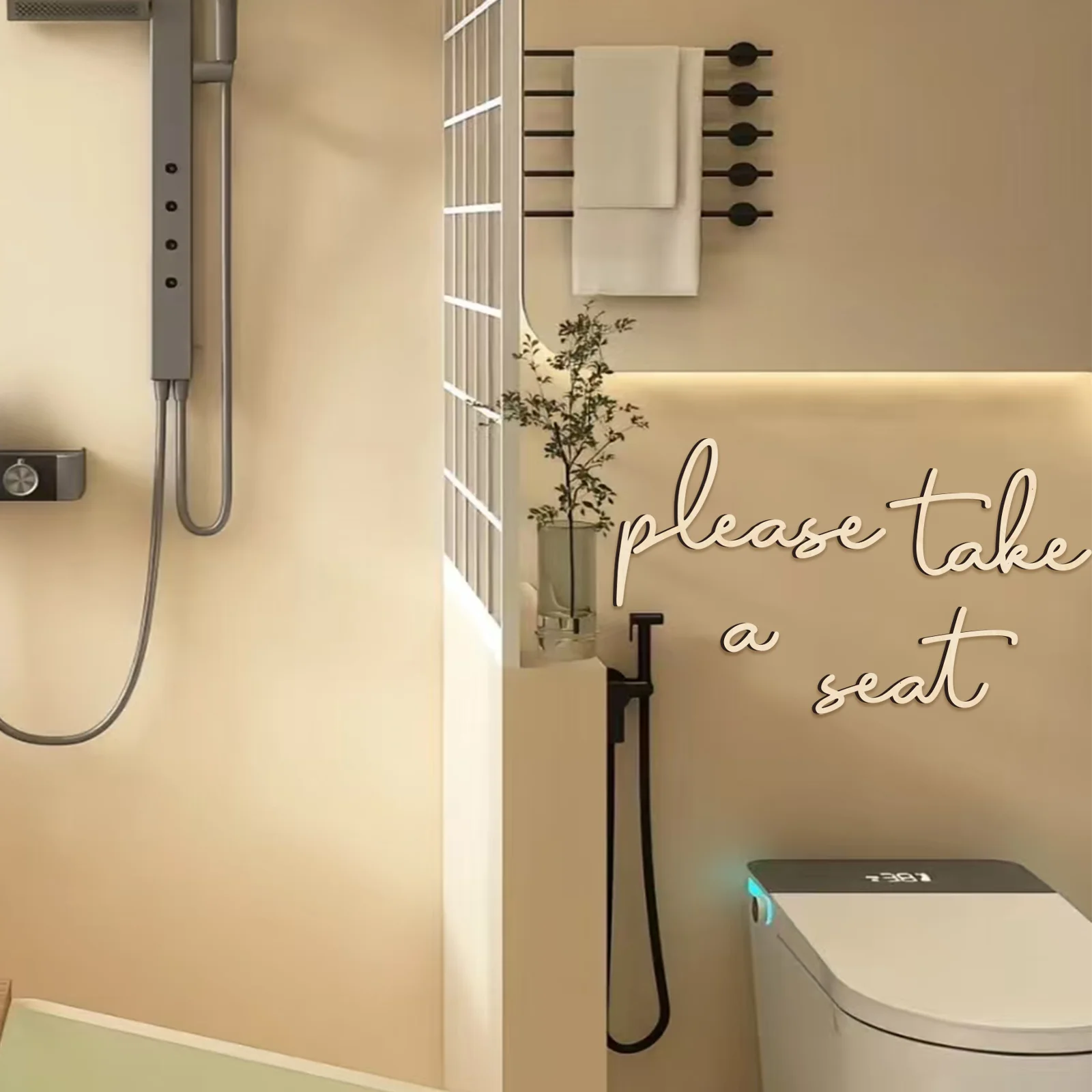 Wooden "Please Take a Seat" Bathroom Sign Set - 4-Piece Rustic Wall Decor with Cursive Lettering for Above Toilet