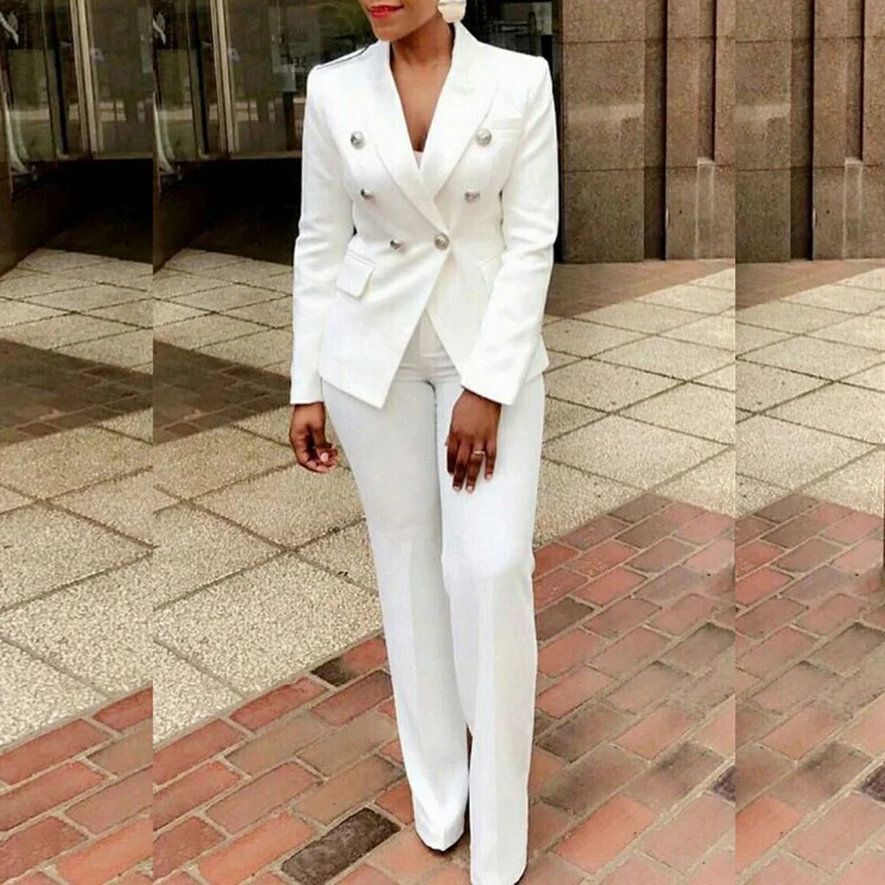 

White Plus Size Women two Pieces Suit Set Double Breasted Slim Fit Jacket Pant Set Custom Suit Office Business Female Clothing