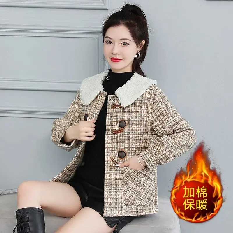 

Lattice Add Cotton Women's Coat Short Autumn Winter New Korean Version Loose Woolen Thickened Fleece Keep Warm Female Outerwear