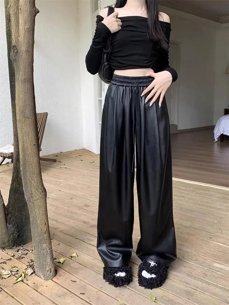 Pantalones anchos de cintura alta para mujer, estilo coreano, de piel sintética, con cintura elástica, efecto adelgazante, casuales, largos hasta el suelo, para primavera