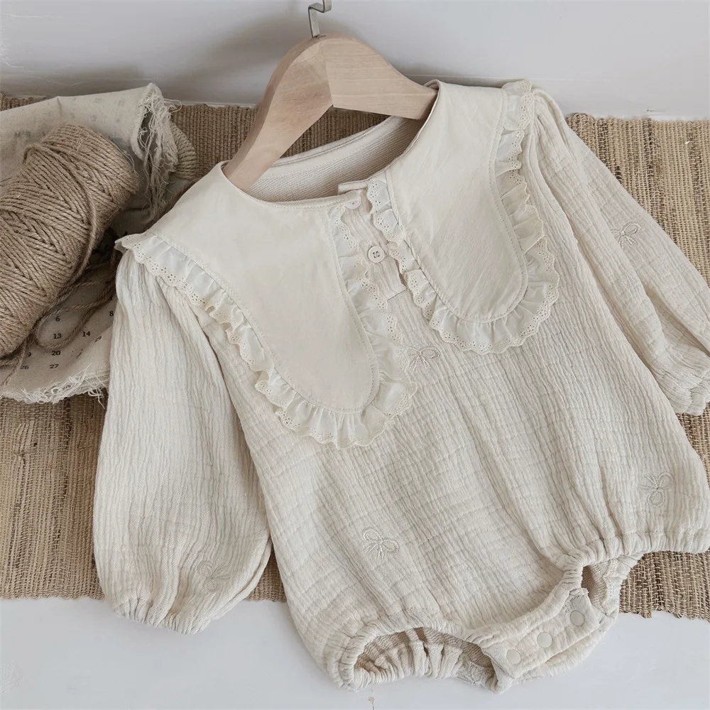 2024 Autumn New Baby Girl Long Sleeve Large Lapel Bodysuit Solid Infant Cotton Jumpsuit Lace Collar Toddler Girl Clothes