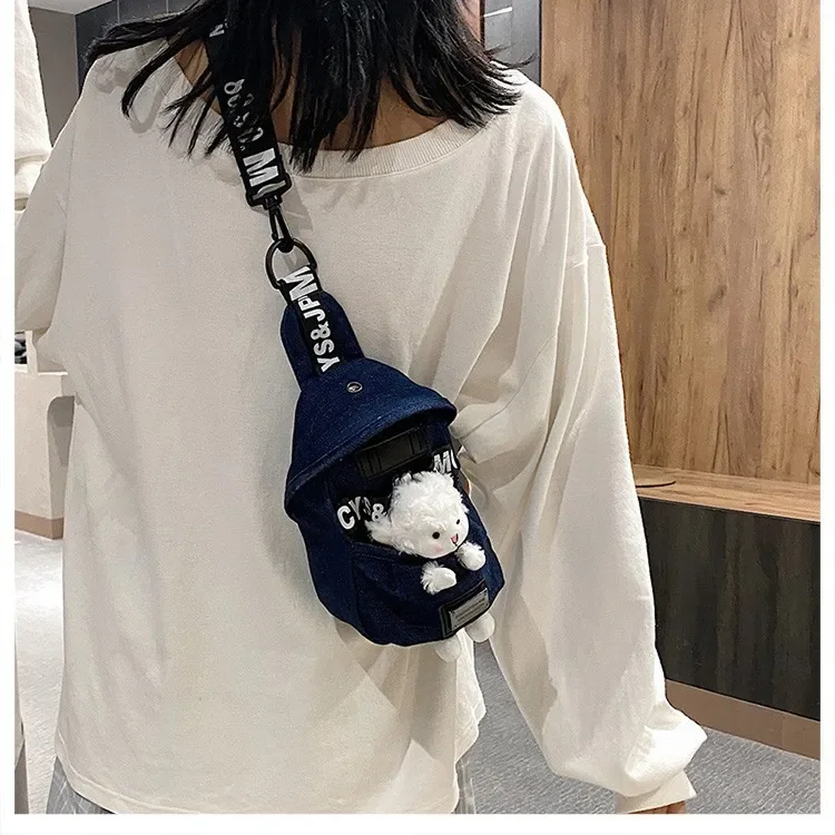 Ins Korean Denim Canvas Crossbody Chest Bag Kawai Bear Lamb Casual Waist Belt Bag Adjustable Cool Crossbody Chest Bags Hip Purse