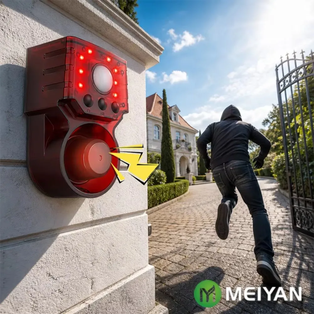 120dB Solar Motion Sensor Alarm Custom Voice Recording 8 Red LED IP55 Waterproof Remote Control Siren Farm Yard Garden Outdoor