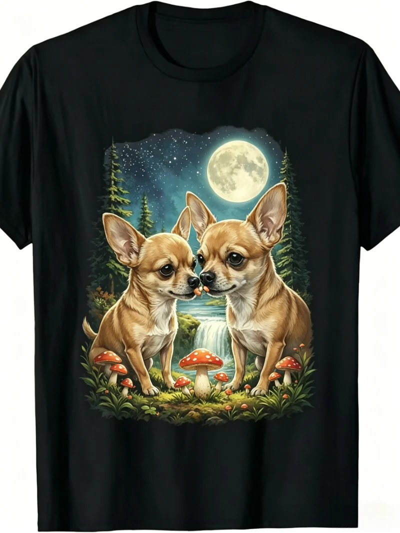 Retro Chihuahua Moon Print T-Shirt Vintage Forest Graphic Kurzarm-Tops für Männer und Frauen, lässig, locker, Streetwear, Alltagskleidung – Detail 3