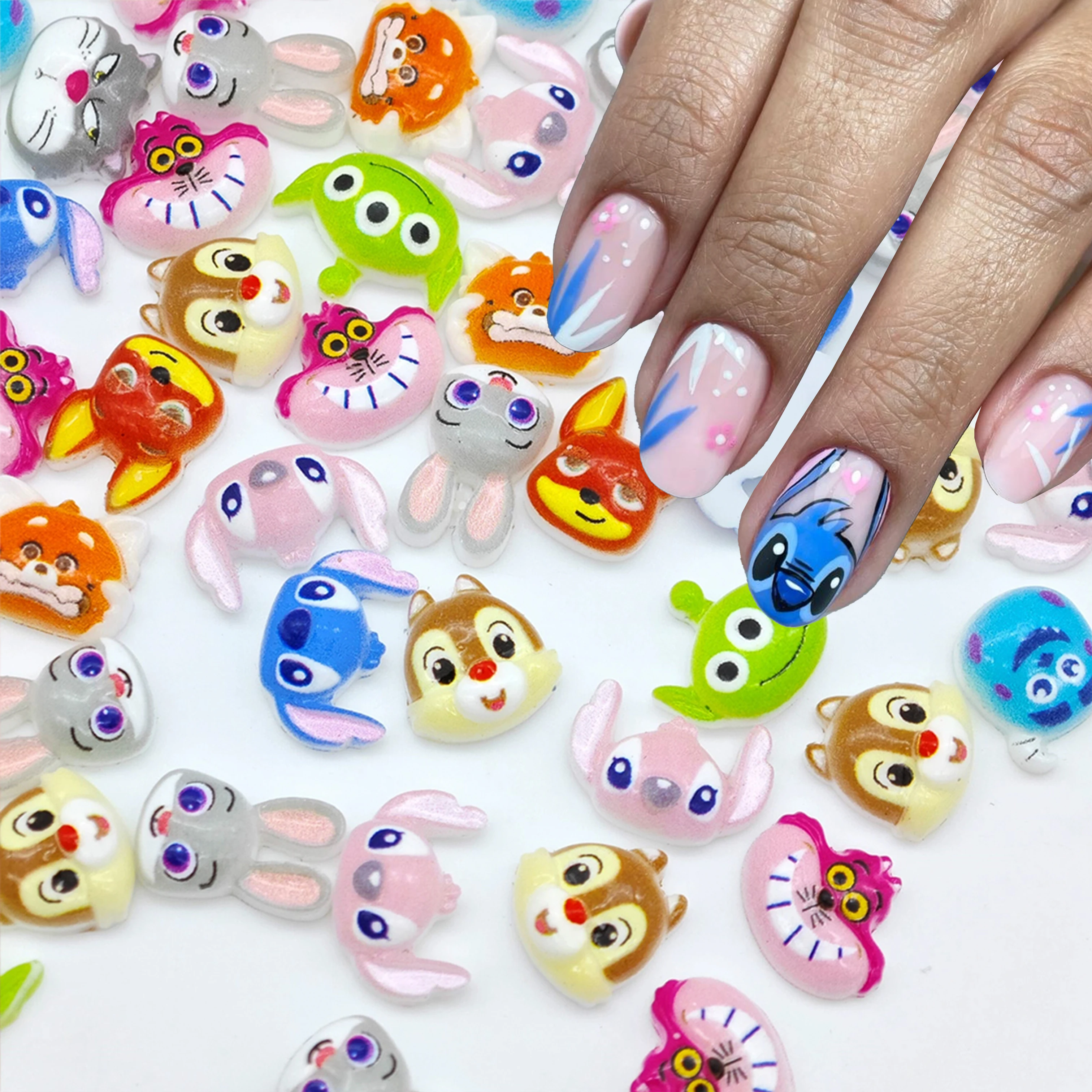 

50pcs 3D Stitch Cartoon Animal City Nail Charms Cute Rabbit Cat Fox Squirrel Anime Character DIY Hairpin Crafts Nail Art Decorat