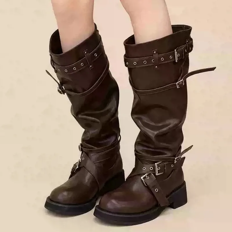 Eilyken Street Design Multi Belt Metal Buckle Knee-High Boots Women Low Heels Shoes Fashion Hot Girl Motorcycle Knight Booties