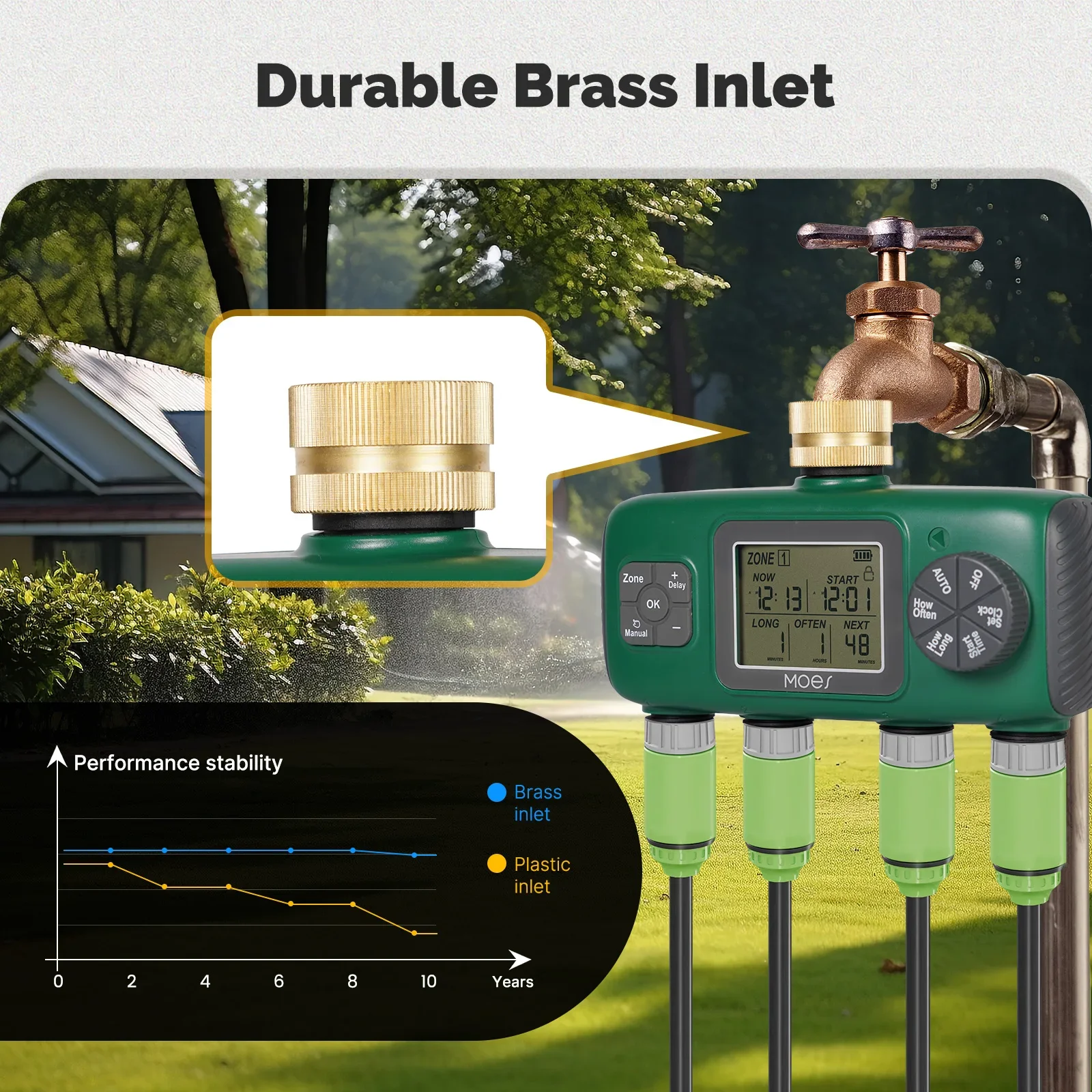 MOES Temporizador de água digital de 4 saídas, botão de entrada de latão, irrigação automática, tela LCD, IPX5, ferramentas de jardim, sprinklers