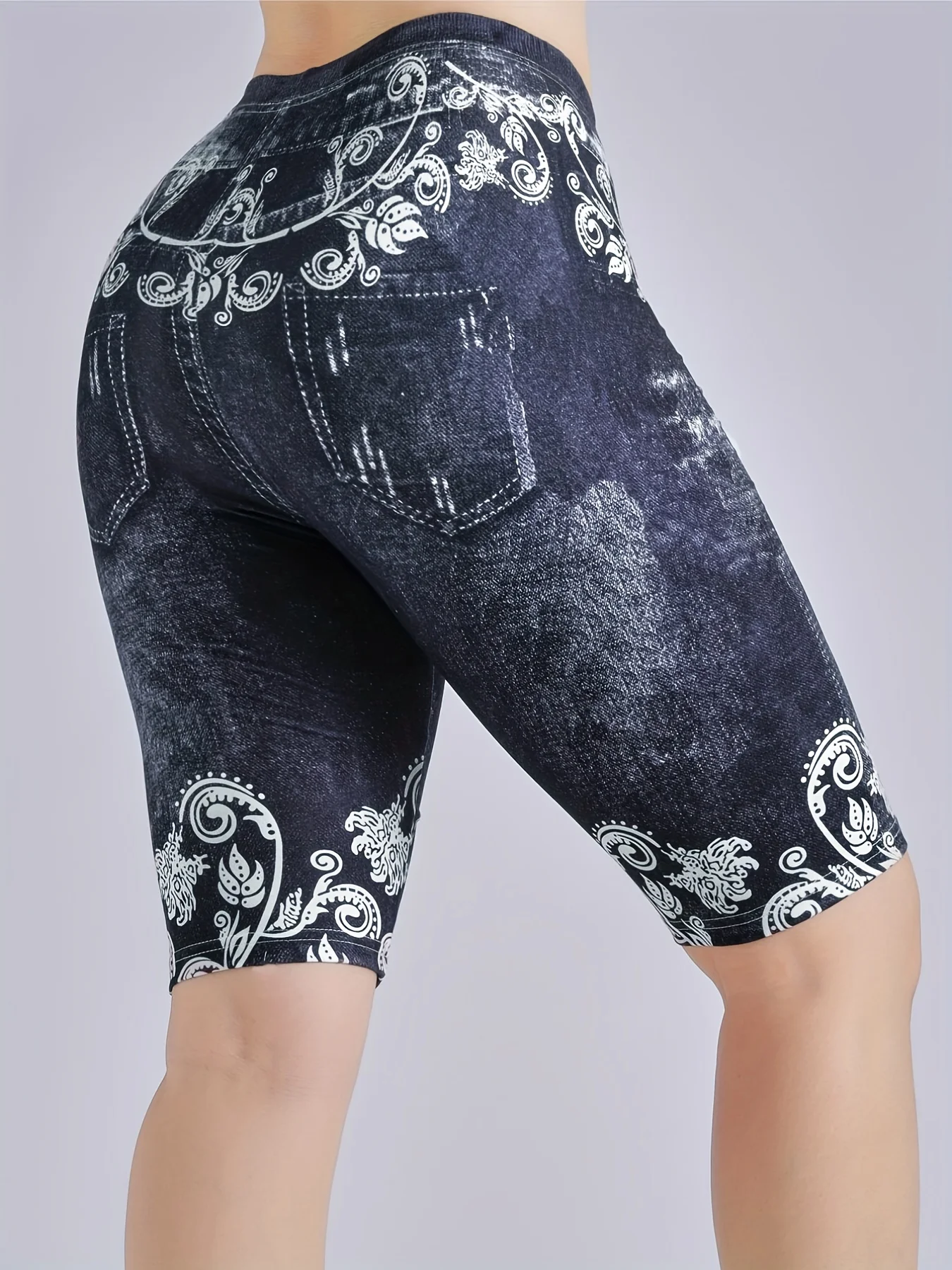 3 Piece Set Of Lmitation Denim Leggings For Women Butterfly Waist Fruit Flower Elastic Shorts High Waist Casual