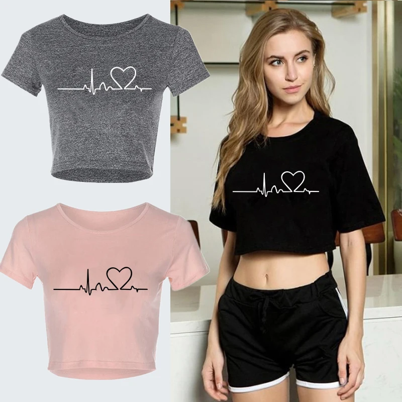 Letnie t-shirty z krótkim rękawem damskie bawełniane solidne T-shirt O wysoki dekolt w talii krótki Top Tee kobiece dorywczo luźna koszulka