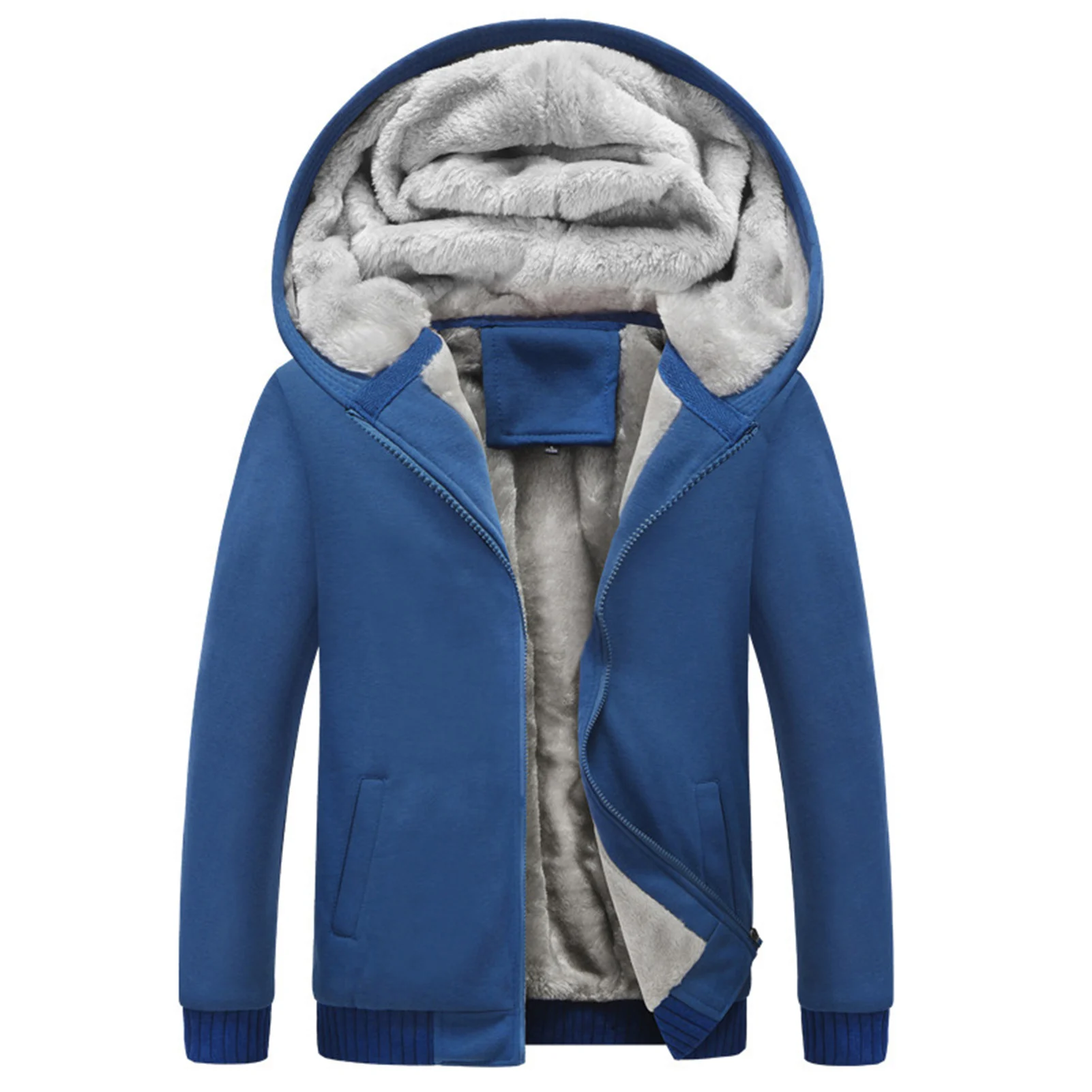 

Winter Men's Thick Fleece Sweater Plush Liner Open Front Zipper Cardigan Hoodie Coat Solid Color For Casual