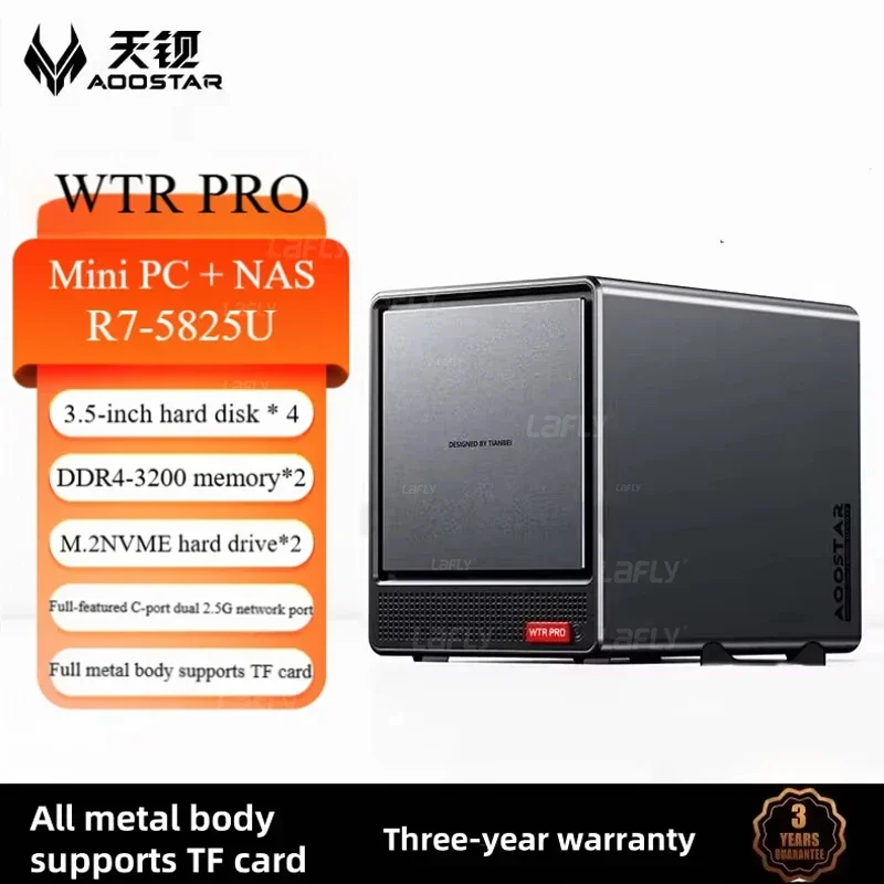 AOOSTAR WTR PRO AMD Ryzen 7 5825U Mini PC/NAS 8C/16T Dual 2.5G LAN 4 HDD Bays 4K تخزين كبير شاشة ثلاثية تبريد صامت