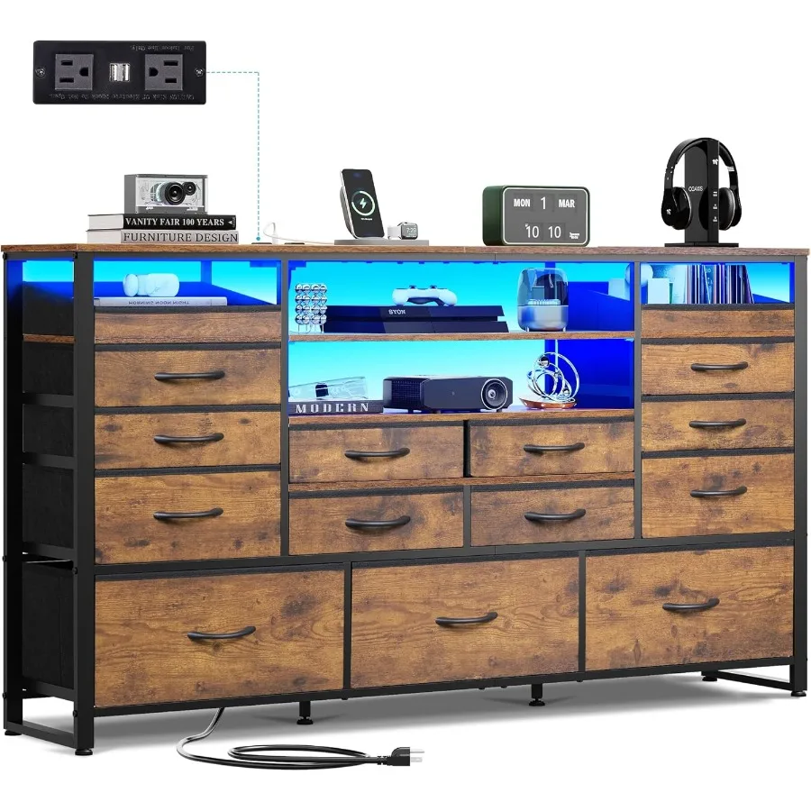 

TV Stand for 55 60 65 inch TV Entertainment Center with LED Lights Charging Station Media Console Table with 15 Fabric Drawers