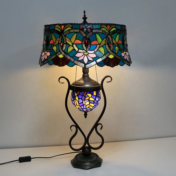 

Style Lamp 18 Inch Antique Red Flower Stained Glass Lamp Shade Lamp With Glass Luminous Base