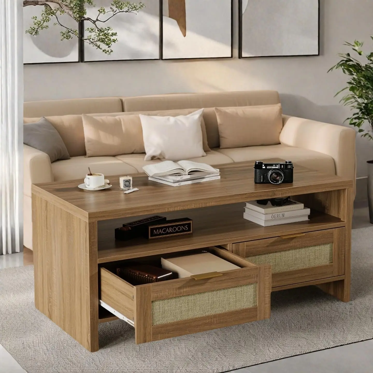 

40-дюймовый 2-х уровневый журнальный столик в стиле бохо с местом для хранения вещей — деревянный центральный стол из ротанга середины века с ящиками \u0026 Открытая полка для гостиной