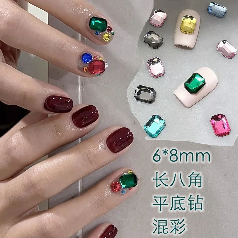 50Pcs/bag 6*8MM Rectangular Octagon Nail Gems - Colorful Mixed Flat-Back Irregular Rhinestones, Viral Sparkling Nail Art Decor