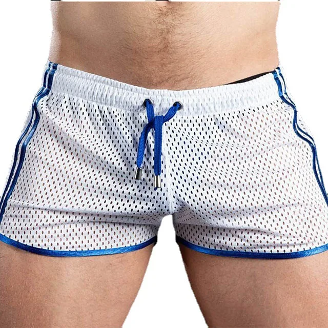 Summer Men Sport Shorts Color Matching Hollow Mesh Loose Drawstring Elastic Waist Quick Dry Jogging Gym Vacation Beach Shorts