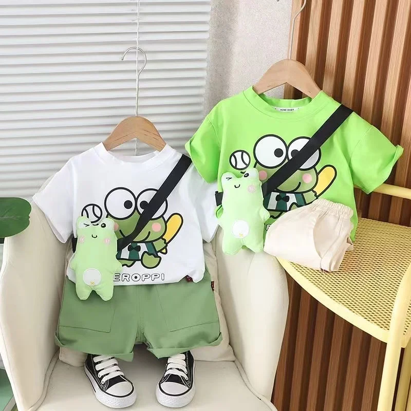 

Korean Summer 2024 Boutique Short Sleeve Pullover Shirt+Shorts 2pcs With Cartoon Bag Set Baby Boys Clothes Tollder Sport Suit