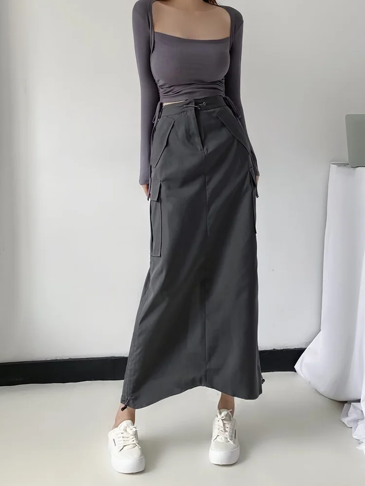 Gray Workwear Skirt Large Size Suitable for Pear Shaped Body Half Skirt Loose Meat Covering Drawstring Skirt for Plump Sister