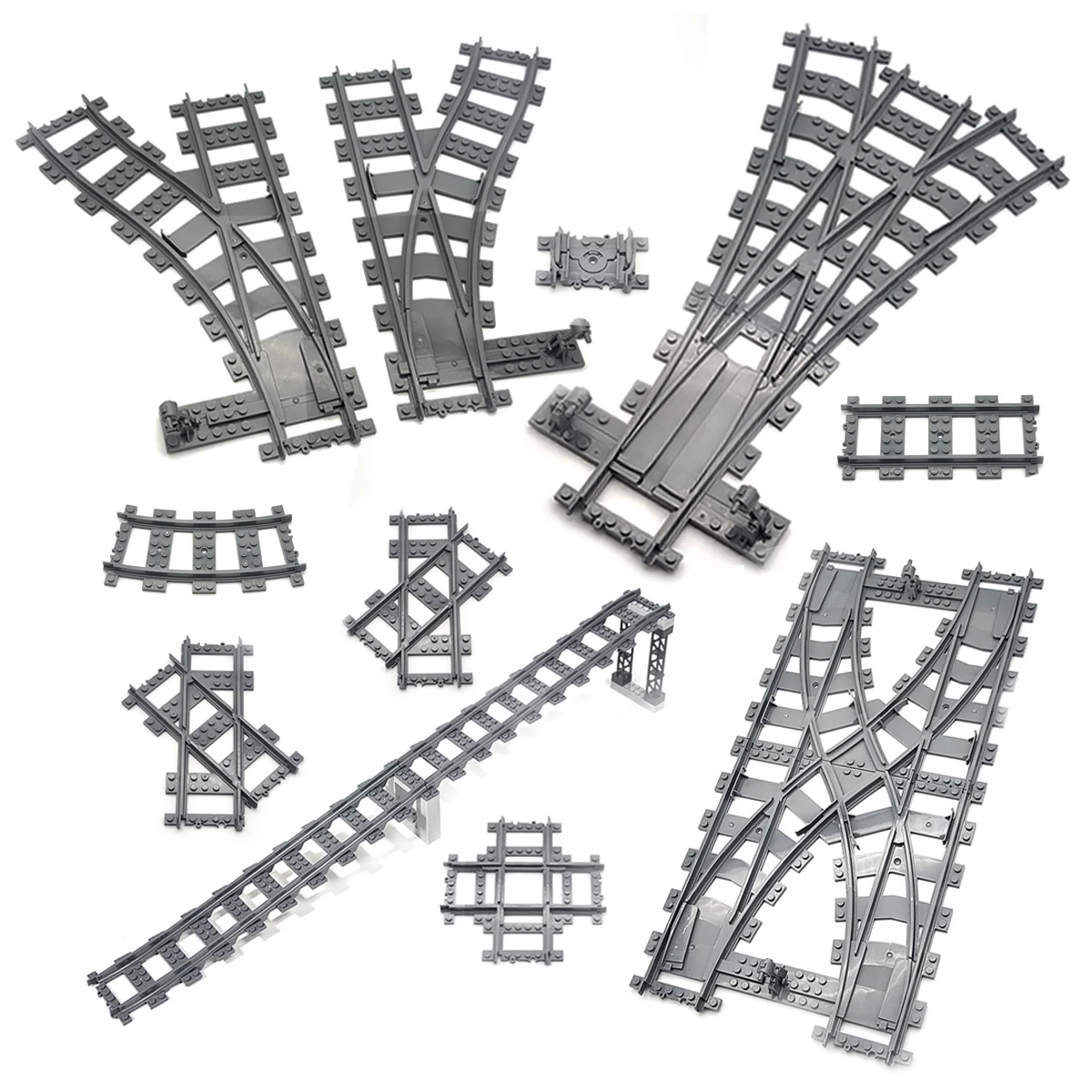 City train track expansion set, straight track, curved track, branch track, DIY assembly building block toy accessories