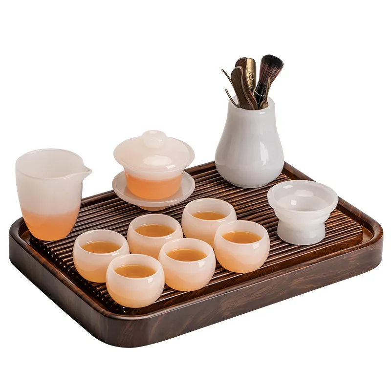 White Jade Glass Tea Set Gaiwan Cups Gift Box Drinkware Chinese Style