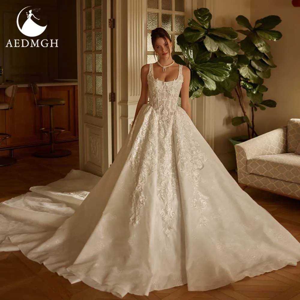 Aedmgh A-Line Elegant Wedding Dresses Boat Neck Sleeveless Vestido De Novia Lace Embroidery Glamorous Custom Made Bridal Gown