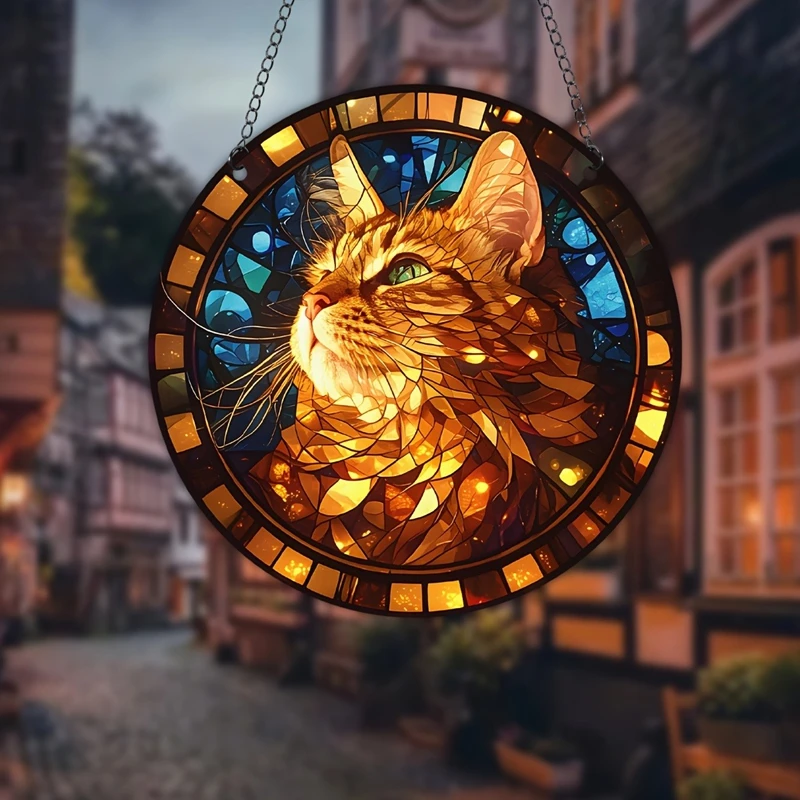 Cat Acrylic Suncatcher Round Signs for Home Garden Living Room Decor Stained Window Hanging Pendant Wall Art Ornament Gifts