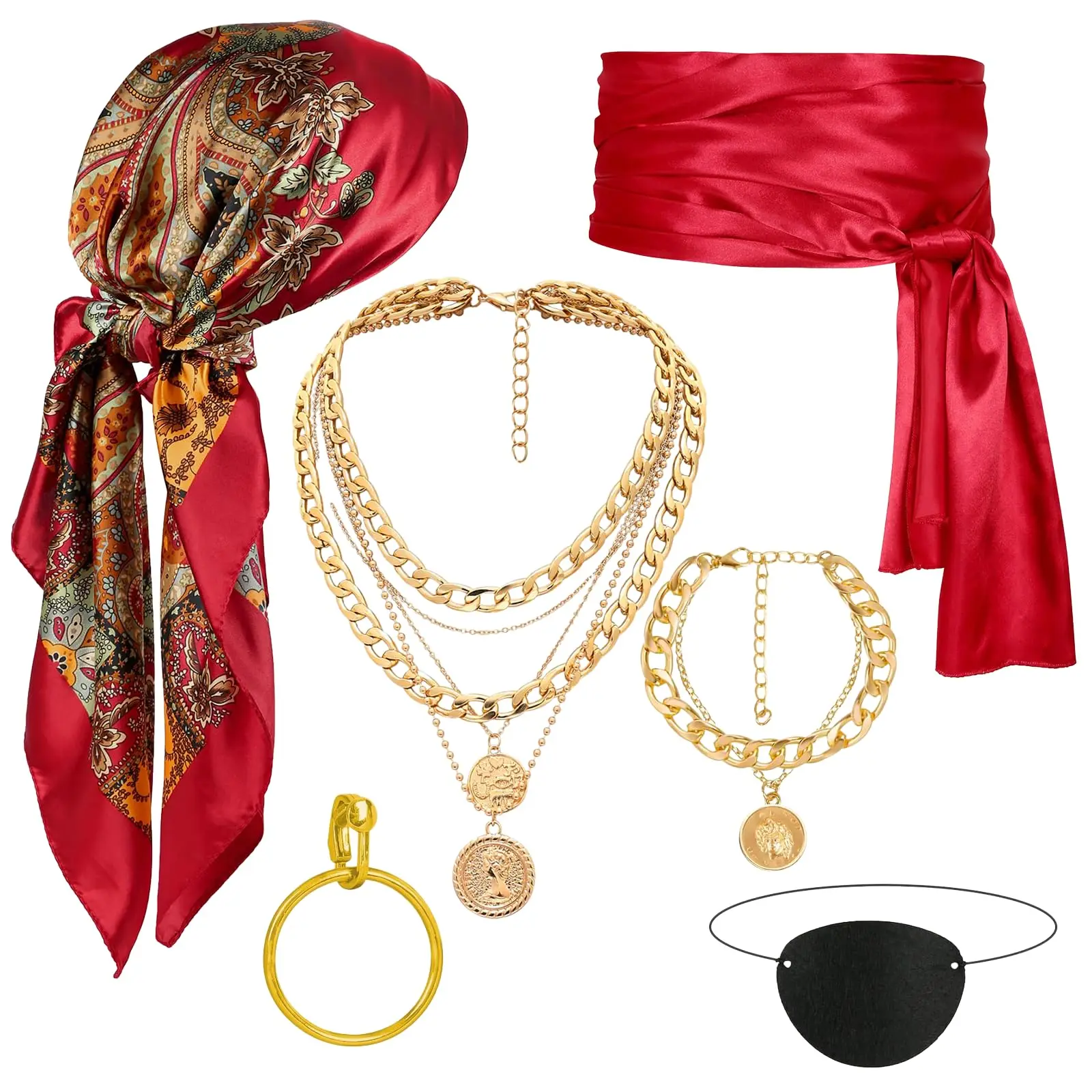 อุปกรณ์เสริมชุดโจรสลัดสำหรับผู้ใหญ่ ผ้าโพกหัวโจรสลัดสีแดงสำหรับผู้หญิง ผ้าพันคอ สายคาดเอว เครื่องประดับ สร้อยคอ ต่างหู ผ้าปิดตา สำหรับคอสเพลย์ฮาโลวีน