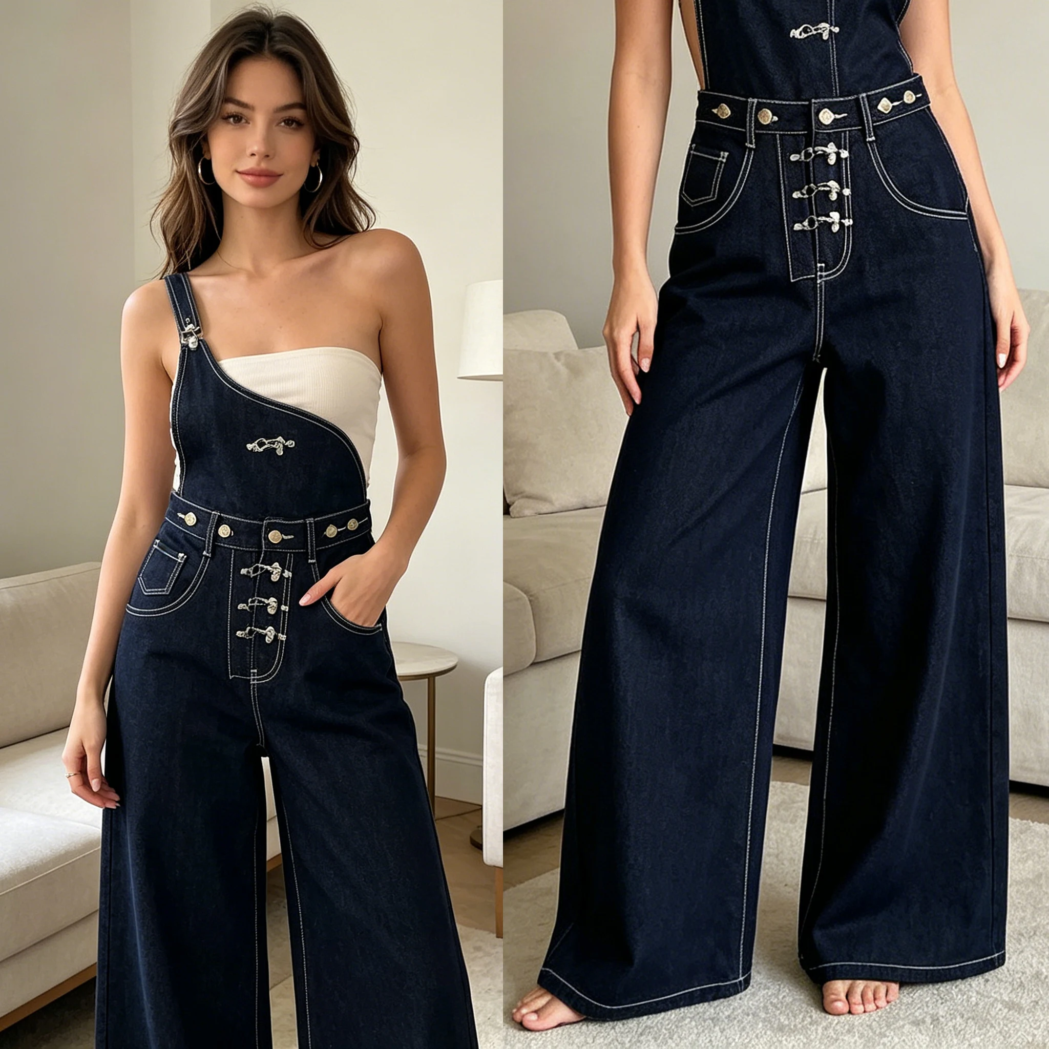 Summer New American Street Single Shoulder Strap Jeans Street Trendy Fashion Versatile Button Decorative Pants Unisex