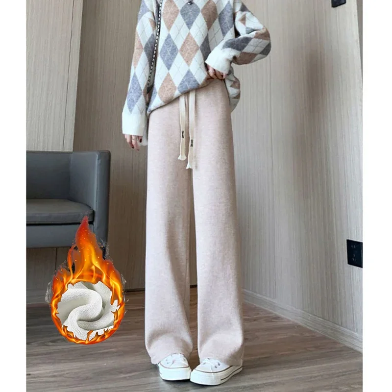 Girls Korean Solid Thermal Pants 2025 New Winter Lady High Waist Thin Fleece Pants Female Snow Warm Plush Straight Leg Trousers