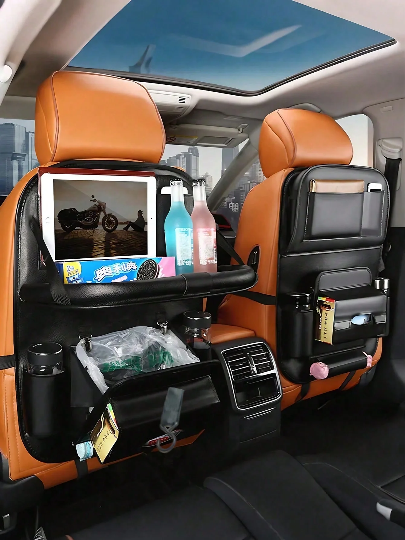 Car Seat Back Organizer - Multi-Pocket & Cup Holder & Trash Bin Design with Tray to Store 11-inch Tablet for Cars, Durable PU Le
