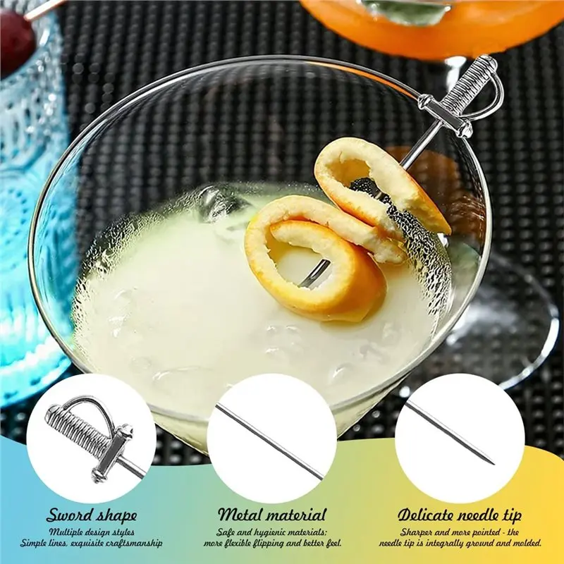 Sword-Shaped Cocktail Sticks Cocktail Toothpicks Metal Toothpicks Fruit Garnish Pick Swizzle Stirrer For Appetizer-[ToolMr A83]