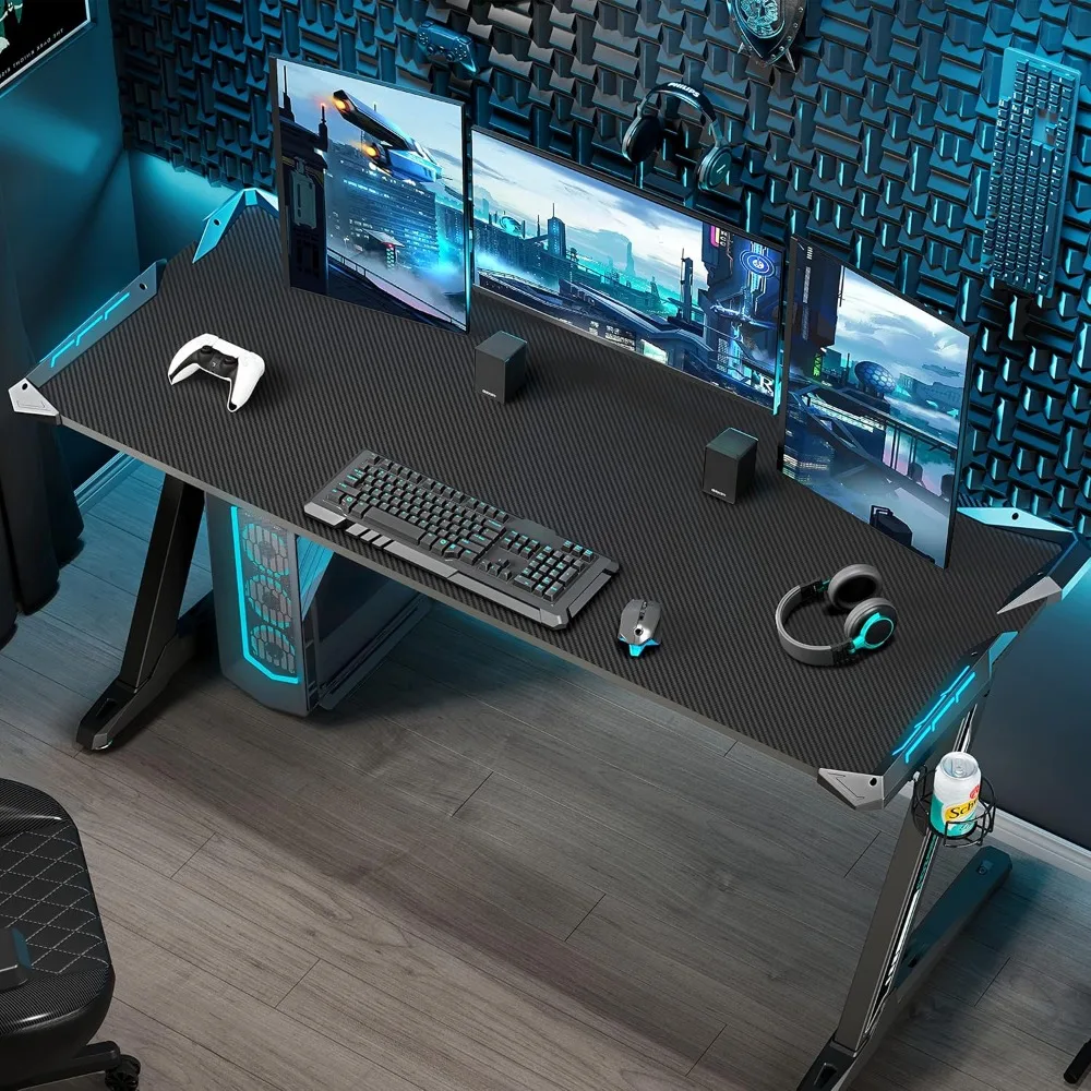 Ergonomic LED Gaming Desk with RGB Lights for Home Office and Small Spaces, Black Computer Desk
